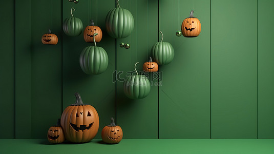 10 月 31 日节日 3D 渲染微笑的南瓜讲台和绿色背景上悬挂的装饰球，用于万圣节庆祝活动