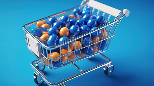 购买药物概念 3D 渲染大蓝色胶囊在购物车上