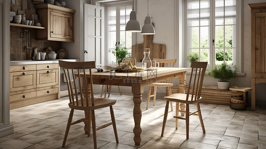 舒适的乡村厨房的迷人 3D 渲染，配有木制家具漂亮的桌子和北欧椅子
