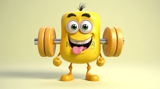 锻炼健身卡通背景图片_搞笑 3D 动画黄色人物用哑铃举重