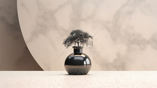 水磨石背景图片_水磨石平台，配有优雅的黑色滴管瓶和米色背景 3D 渲染