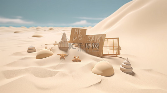 促销火背景图片_夏季销售横幅 3D 渲染，带有海滩主题元素和沙地