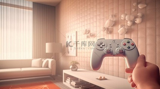 3D 渲染插图：一只手在带电视的房间里握着游戏控制器