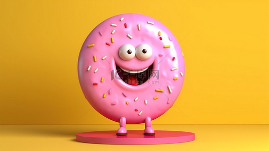3D 渲染大粉色釉面草莓甜甜圈吉祥物，黄色背景上带有促销空白支架