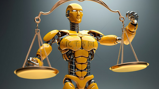正义的人背景图片_友好的机器人在白色背景上持有法律尺度，代表具有 3D 渲染的网络法概念