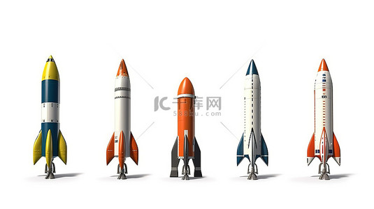 创意空间背景图片_在白色背景上爆炸的 3D 火箭模型集合