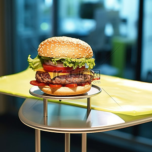 凳子上放着一个汉堡
