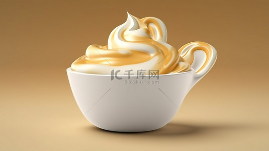 牛奶漩涡背景图片_勺子漩涡和杯子中的新鲜每日香草奶油产品 3D 渲染