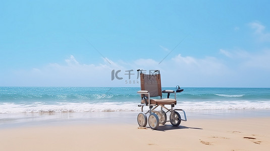 无人使用的轮椅搁在海边的沙滩上 3D 插图