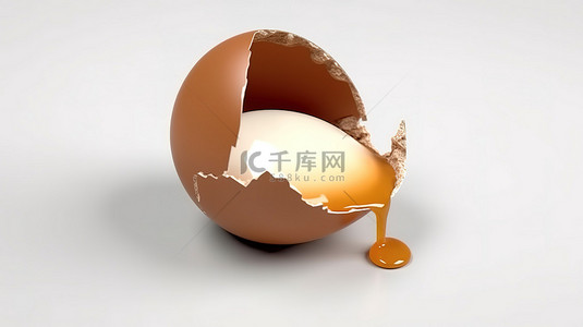 白色背景上损坏的棕色鸡蛋的 3d 渲染