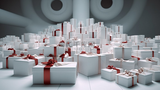 各种尺寸的白色礼品盒，饰有 3D 渲染的红丝带
