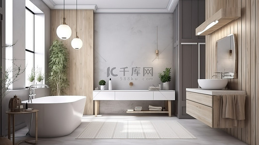 家具设计背景图片_以 3D 形式可视化的白色木质设计浴室和卫生间