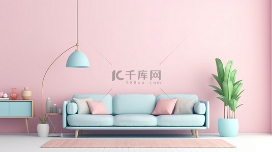 墙壁沙发背景图片_现代客厅配有浅蓝色沙发和木桌，以 3D 渲染的柔和粉红色墙壁为背景