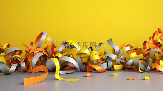 充满活力的节日氛围 3D 渲染抽象场景，带有黄色背景五彩纸屑和多色丝带