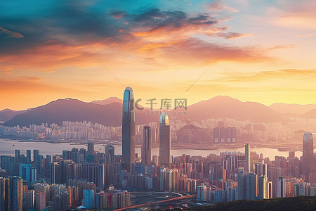 香港城市天际线在日落天空的多彩阴影下 蓝天 蓝天 蓝天