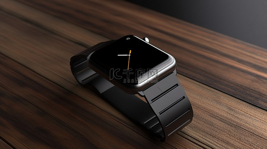 时尚的黑色智能手表设计，木桌 3D 渲染上带有空白屏幕和可互换表带