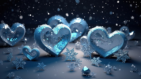 寒冷的情人节和圣诞节背景中蓝色的冰冻心形雪花