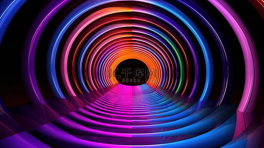 动态 3D 渲染彩色线在圆形隧道中旋转，发光