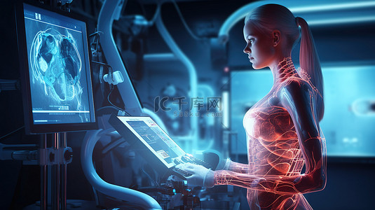 腰椎核磁共振背景图片_女性机器人用 C 臂机诊断 3D 渲染中的未来医疗技术概念