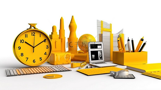 手表卡通背景图片_平衡工作和娱乐 3D 渲染黄色时钟和白色背景上的工作图表
