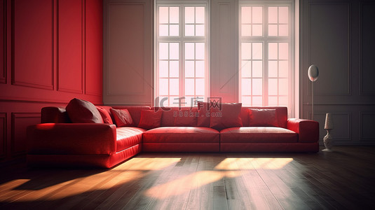 大红色设计背景图片_阳光明媚的房间展示了醒目的 3D 设计的大红色沙发