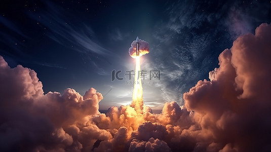 冒烟的火箭在星系中发射，并带有飞行的月亮和云的 3D 渲染