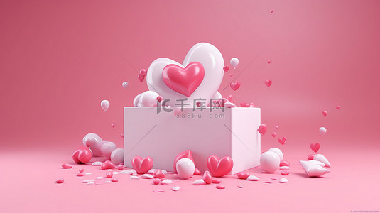 白色云心形背景图片_情人节爱情在 3D 红心和漂浮在粉红色背景上的白色礼盒
