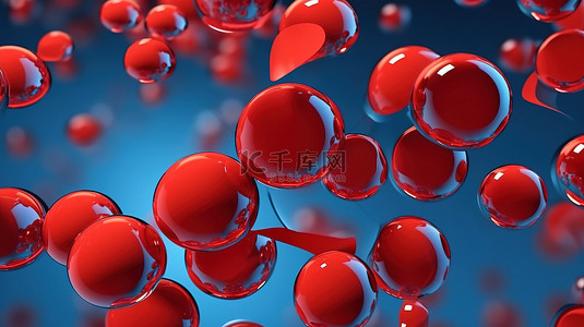 不同尺寸的鲜艳红色球体设置在蓝色背景 3D 渲染场景中