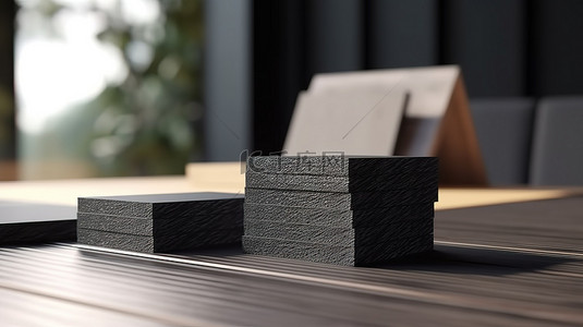 设计名片卡片背景图片_具有抽象混凝土背景的木桌上黑色名片模型的 3D 渲染