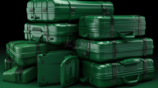 绿色旅行箱背景图片_一堆绿色行李的 3d 渲染图像