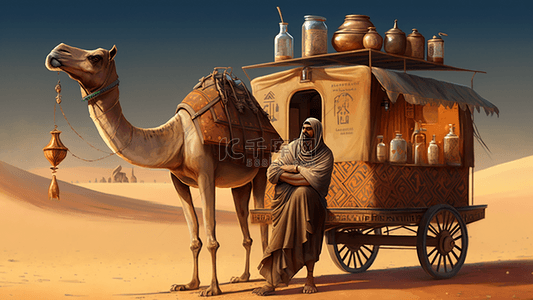 沙漠骆驼商人黄色背景