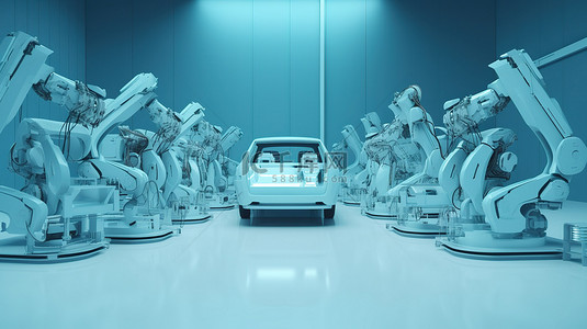 蓝色汽车工厂自动化机器人装配线 3D 渲染