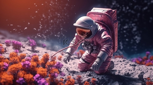月球宇航员在月球表面照料一朵花的 3D 插图
