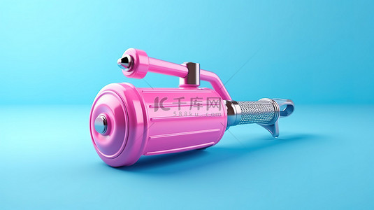 手动工具插卡背景图片_粉红色背景下双色调汽车蓝色手动气泵的 3D 渲染