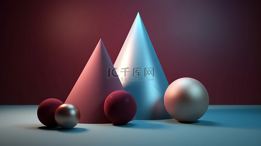 棕色3d背景图片_抽象景观中的几何形状，金色锥体蓝色金字塔和勃艮第棕色球在柔和的粉红色灯光下