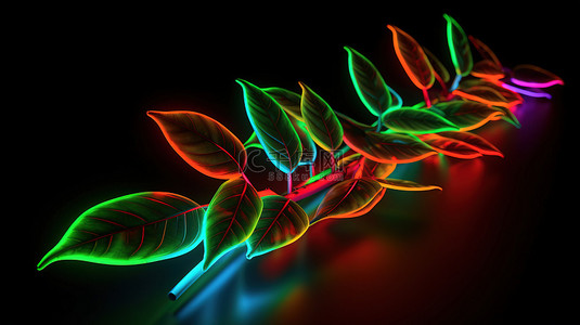 热带花卉背景背景图片_3d 渲染中的霓虹灯棒和树叶
