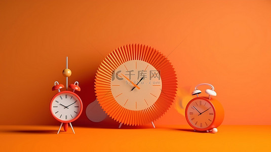 简约闹钟背景图片_橙色背光的简约 3D 时钟显示，带有丙烯酸针时间概念插图