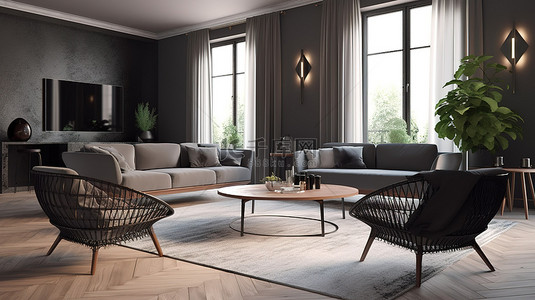 草布垫子背景图片_现代客厅工作室 3D 渲染，配有舒适的扶手椅和时尚的咖啡桌