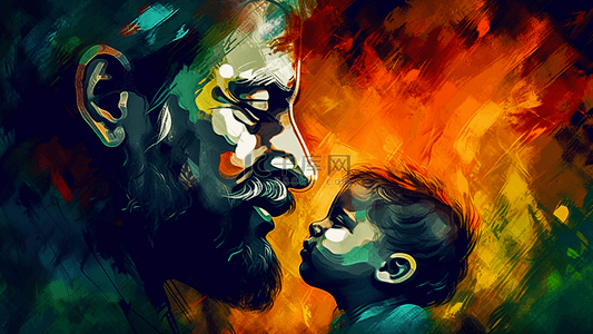 儿子背景图片_父亲节爸爸与儿子油画绘画卡通插画广告背景