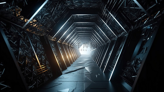 led动画背景图片_穿过旋转的三角形金属隧道星际漩涡的 3D 渲染动画