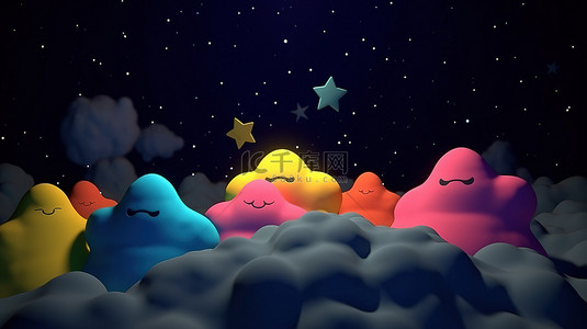 充满活力的夜空与 3d 卡通云彩和五颜六色的星星