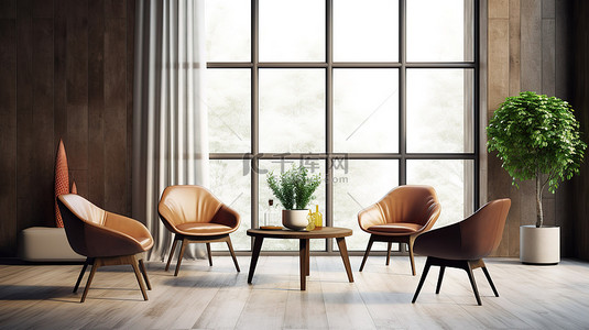 客厅椅子和桌子的现代家具 3D 渲染
