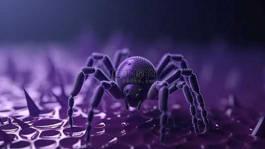 不快乐的背景图片_万圣节装饰装饰品主题 3D 像素化可怕的紫色蜘蛛陷入蜘蛛网