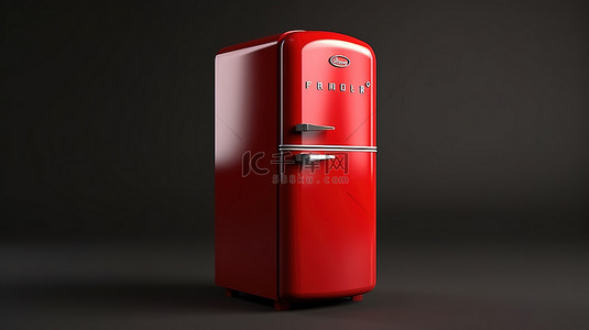 单色复古厨房中的经典红色冰箱等距 3D 渲染
