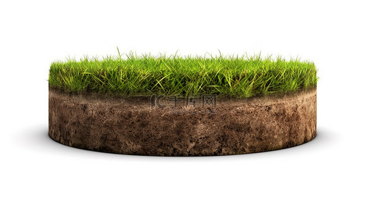 圆形地球地形，以白色背景 3d 渲染下郁郁葱葱的绿草为特色