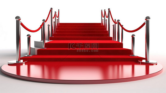 幕布红背景图片_奢华的贵宾入口红地毯和路径障碍在令人惊叹的 3d 渲染中隔离在白色