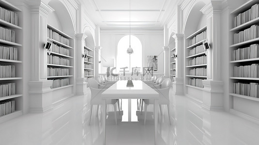 图书馆内部带椅子的白色学习区的 3D 渲染