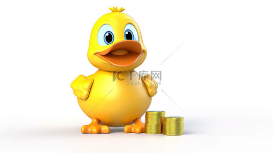 可爱的卡通鸭吉祥物，带有存钱罐和白色背景 3D 渲染的金币
