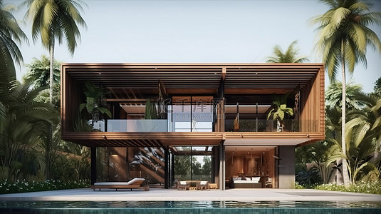 风景房屋背景图片_现代热带房屋 3D 设计概念插图
