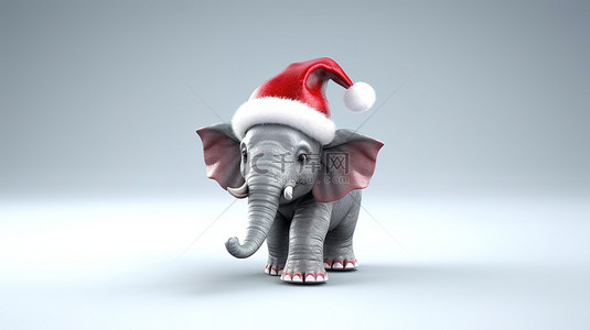 大象插画背景图片_欢快的大象在充满活力的 3D 插图中炫耀圣诞老人的帽子